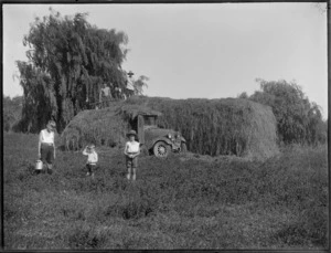Straw being moved onto a truck from haystack, young children in front, Hawke's Bay District