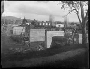 Road bridge under construction, showing the main concrete supports in position, Hawke's Bay District