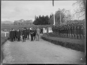 Military review for Lord Jellicoe, young Maori soldiers line up with rifles to greet arrival of guests, 20th July 1923, Te Aute, Waipawa, Hawke's Bay District
