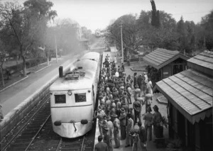 World War II soldiers alongside a train at Maadi station, Cairo, Egypt