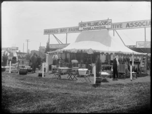 Agricultural Advertising, farming field day booth of Henry Williams & Sons of Napier & Hastings, showing their fine agricultural equipment and domestic appliances, Hawke's Bay District