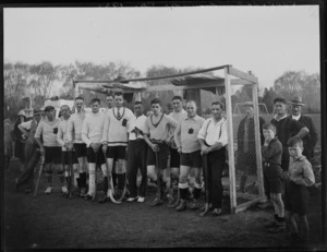 Unidentified mens hockey team and referees at Cornwall Park, Hastings