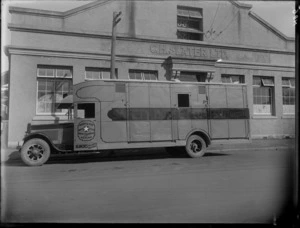 A two horse accommodation horse float truck in front of the business premises of C H Slater Ltd, Hastings