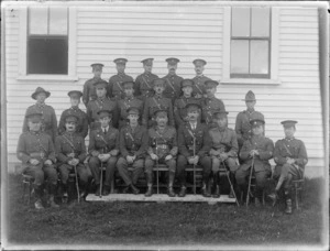 A group of unidentified officers in front of the [barracks?], at casual camp, Hastings