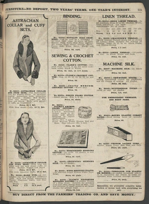 Farmers Trading Company Ltd :Astrachan [sic] collar and cuff sets; binding, sewing & crochet cotton, linen thread, machine silk [1932]