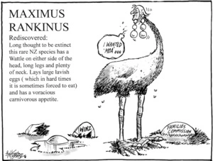 Maximus rankinus rediscovered - Long thought to be extinct this rare NZ species has a wattle on either side of head, long legs and plenty of neck. Lays large lavish eggs ... 13 May 2009.