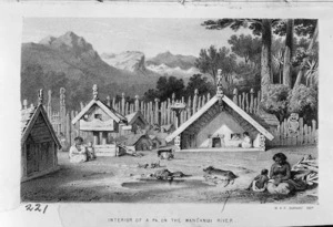 Power, William Tyrone, 1819-1911 :Interior of a pa, on the Wanganui River [1845?]. W. T. Power delt. M & N Hanhart imp. London, Longman & Co, 1849