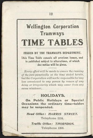 Wellington Corporation Tramways :Time tables issued by the Tramways Department. The time table cancels all previous issues ... [1920]