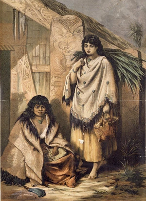 Cousins, Thomas Selby, 1840-1897 :[Maori girls outside a meeting house. 1880s?]