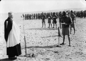 Reverend E Blackwood-Moore conducting an Anzac Day service at El Saff, Egypt, during World War II