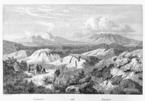 Hochstetter, Ferdinand von, 1829-1884 :Tongariro and Ruapehu. View from Mount Ngariha towards South East. Eduard Ade [engraver. After a sketch by the author]. [Stuttgart, 1867]