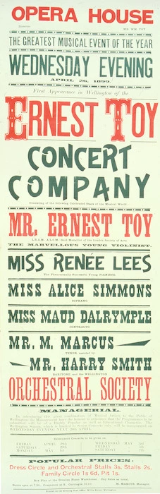 Opera House [Wellington] :Ernest Toy Concert Company ... Wednesday evening, April 26, 1899. Printed at the Evening Post Office, Willis Street, Wellington [1899]