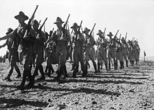 World War II troops marching to take part in an Anzac Day Parade at El Saff, Egypt