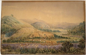 Bridge, Cyprian, 1807-1885 :View of the pah of our native ally, the chief Pukututu, at the head of the Kawa Kawa River, Decr, 1845