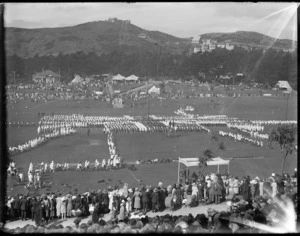 Children forming a living flag, Newtown Park, Wellington, during the visit of the Duke and Duchess of York