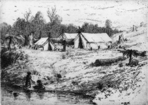 Payton, Edward William 1859-1944 :[A bush camp at Nihotopu. 18]87.