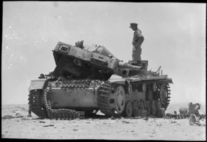 A German tank which received a direct hit on the El Alamein front, Egypt - Photograph taken by H Paton
