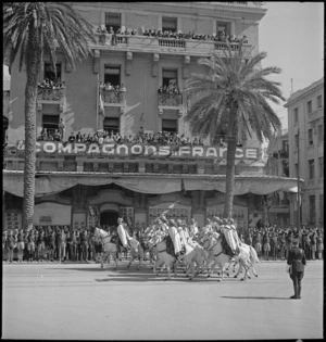 Spahis of French North African Cavalry in Allied parade through Tunis in World War II - Photograph taken by M D Elias