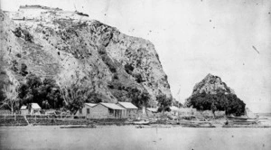 View of part of Whakatane, showing the stockade on the hill