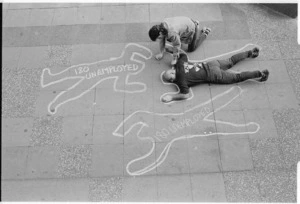Body outlines being chalked on pavement to protest against unemployment - Photograph taken by Jon Hargest