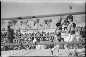 Scotty Evans fights L A C Roberts in boxing match at Tura, Egypt - Photograph taken by W Timmins