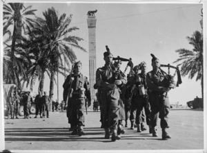 Gordon Highlanders marching into Tripoli, Libya, World War II