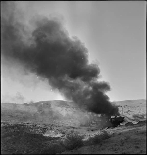 Italian transport on fire in the Beni Ulid area, Libya - Photograph taken by H Paton