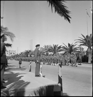 General Bernard Montgomery on the saluting base at a parade in Plaza Castello, Tripoli, World War II - Photograph taken by H Paton
