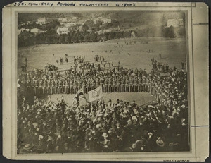 Presentation of colours to the Wellington Rifle Volunteers by Mrs Toop, Basin Reserve, Wellington