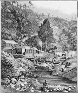 Illustrated New Zealand news :Russell's gold battery on the Tararu Creek. 1885