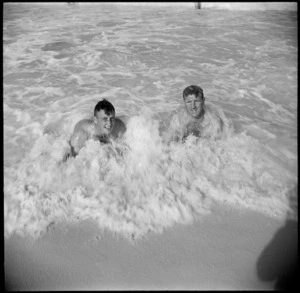 Two NZ soldiers in the sea at Baggush, Egypt
