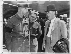 New Zealand Minister of Defence, Frederick Jones, with Brigadier William George Stevens, Officer in Charge of Administration 2 NZEF, Egypt - Photograph taken by S Wemyss