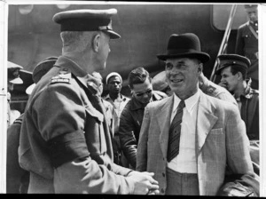 New Zealand Minister of Defence Frederick Jones being greeted by Brigadier William George Stevens on his arrival in Egypt - Photograph taken by S Wemyss