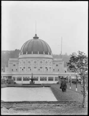 New Zealand and South Seas International Exhibition grounds, Dunedin, with domed building and pond