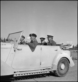 Winston Churchill in car with Generals Montgomery and Freyberg on tour of New Zealand Division in Tripoli, World War II - Photograph taken by H Paton