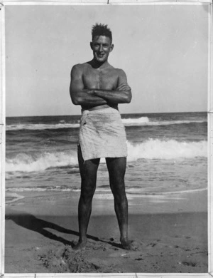 New Zealander after a swim at one of the Western Desert beaches, Egypt - Photograph taken by Major Thornton