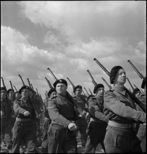 Members of 4 NZ Armoured Brigade march past GOC at Maadi, World War II - Photograph taken by M D Elias