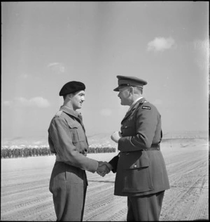 Captain S B Thompson, DSO, congratulated by General Freyberg at Maadi, World War II - Photograph taken by M D Elias