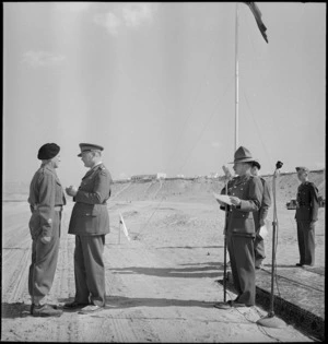 Warrant Officer A Fletcher receives DCM from General Freyberg at Maadi, World War II - Photograph taken by M D Elias
