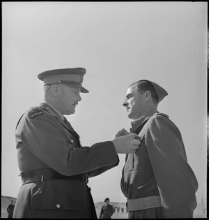 Major J L McDuff receives the Military Cross from General Freyberg at Maadi, World War II - Photograph taken by M D Elias