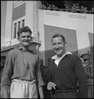 George Hart with a South African player at the NZEF v Rest of Egypt rugby match at Alexandria, Egypt