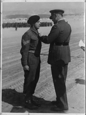 Sergeant P A McConchie presented with DCM by General Freyberg at Maadi, World War II - Photograph taken by Captain Abbot