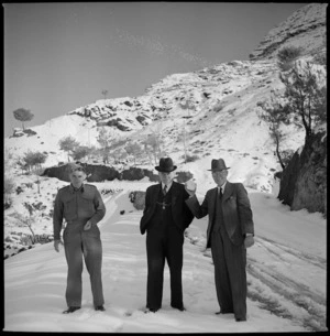 Hon Frederick Jones, Sgmn Jones and E M Sherwood in the snow in the Lebanon Mountains - Photograph taken by S Wemyss