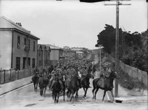Massey's Special Constables on horseback during the 1913 Waterfront Strike, Hanson Street, Newtown, Wellington
