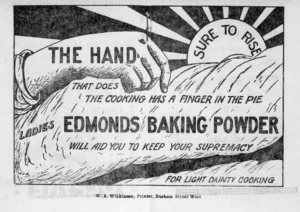 Edmonds Baking Powder; the hand that does the cooking has a finger in the pie / NDB. [1912]