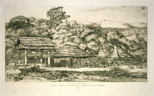 Meryon, Charles 1821-1868 :Nouvelle-Zelande; greniers indigenes et habitations a Akaroa (Presqu'ile de Banks). 1845. [1866]