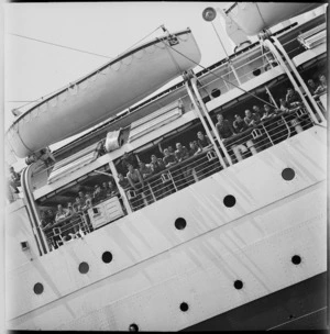 Repatriated troops from Italy lining the rails as the ship berths at Alexandria, World War II - Photograph taken by G R Bull