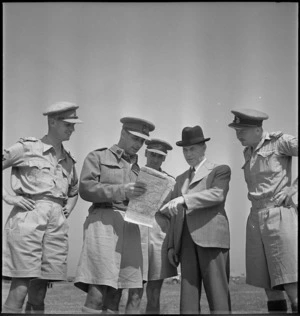New Zealand's Minister of Defence, Frederick Jones, meeting New Zealand Medical Corps officers in Tunisia - Photograph taken by M D Elias