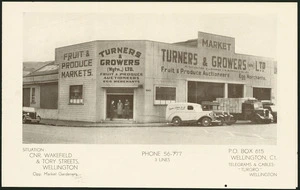 Turners & Growers Ltd :Turners & Growers (Wgtn) Ltd, fruit & produce auctioneers, egg merchants. Situation cnr Wakefield & Tory Streets, Wellington. [Front cover. ca 1940?]