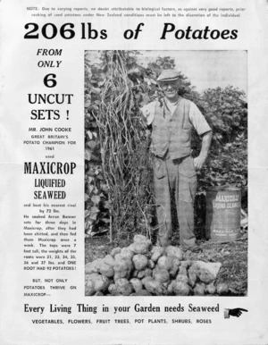 R A Bell-Booth & Company :206 lbs of potatoes from only 6 uncut sets! Mr John Cooke, Great Britain's potato champion for 1961 used MAXICROP liquified seaweed ... [Flyer. ca 1962].